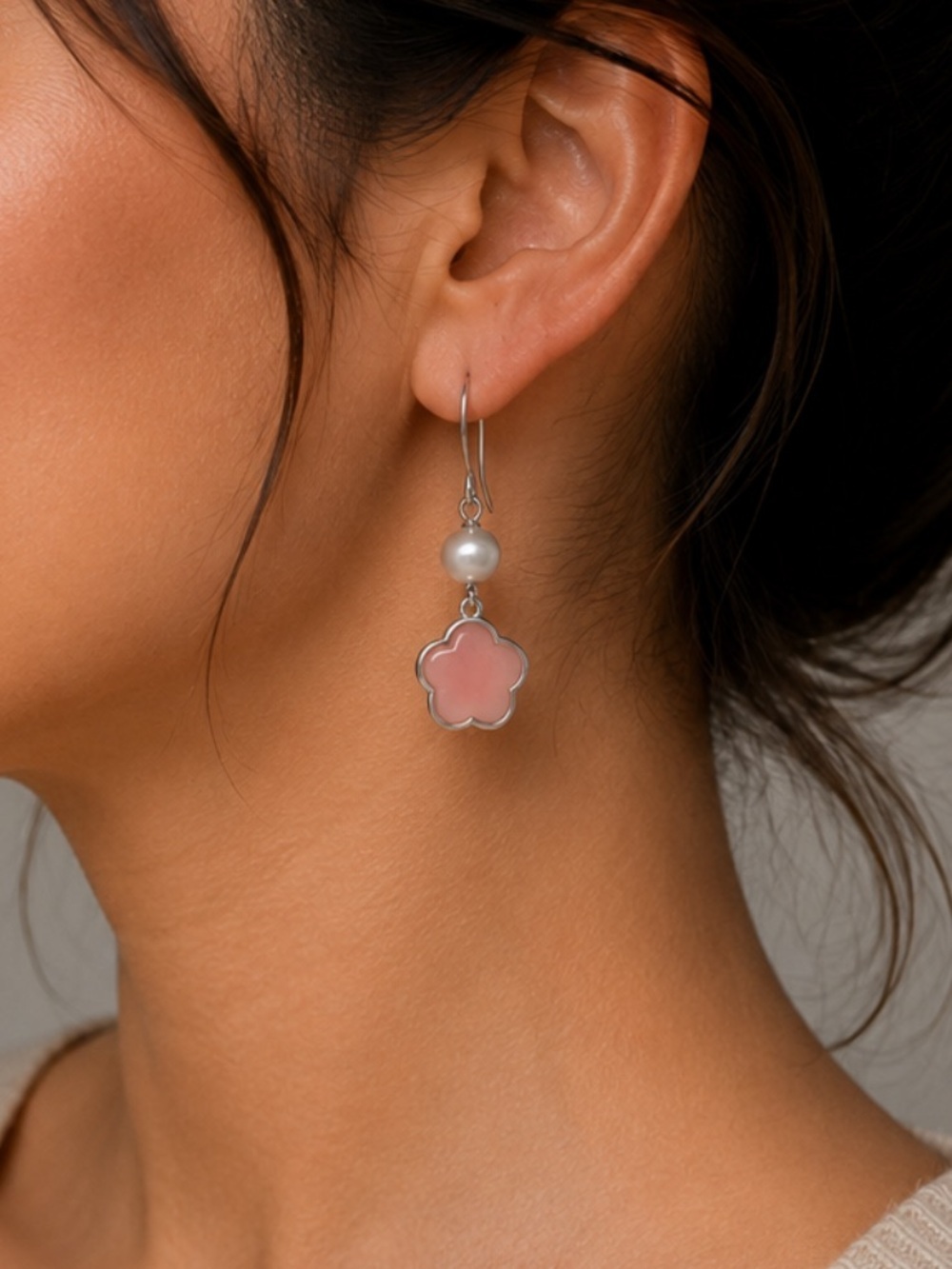 Pink Flower Drop Earrings with Pearl Accent